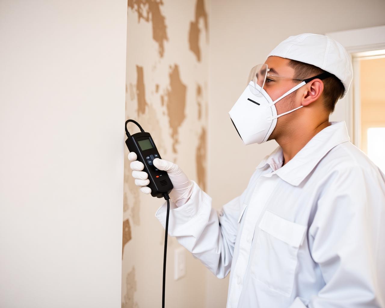 PuroClean technician in PPE using a moisture meter during a certified mold inspection inside a home